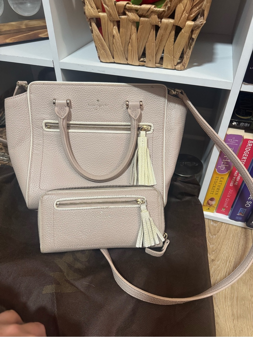 kate spade pale pink pebbled leather satchel with matching wallet and tassels